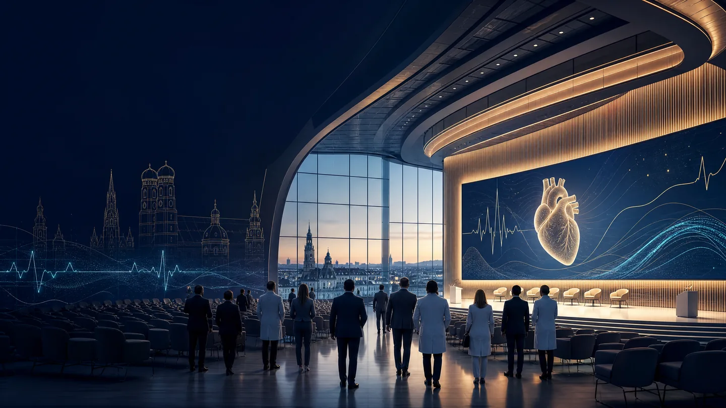 Original Iraq Cardiology editorial illustration representing an international cardiology congress in Munich; not an official ESC Congress visual.
