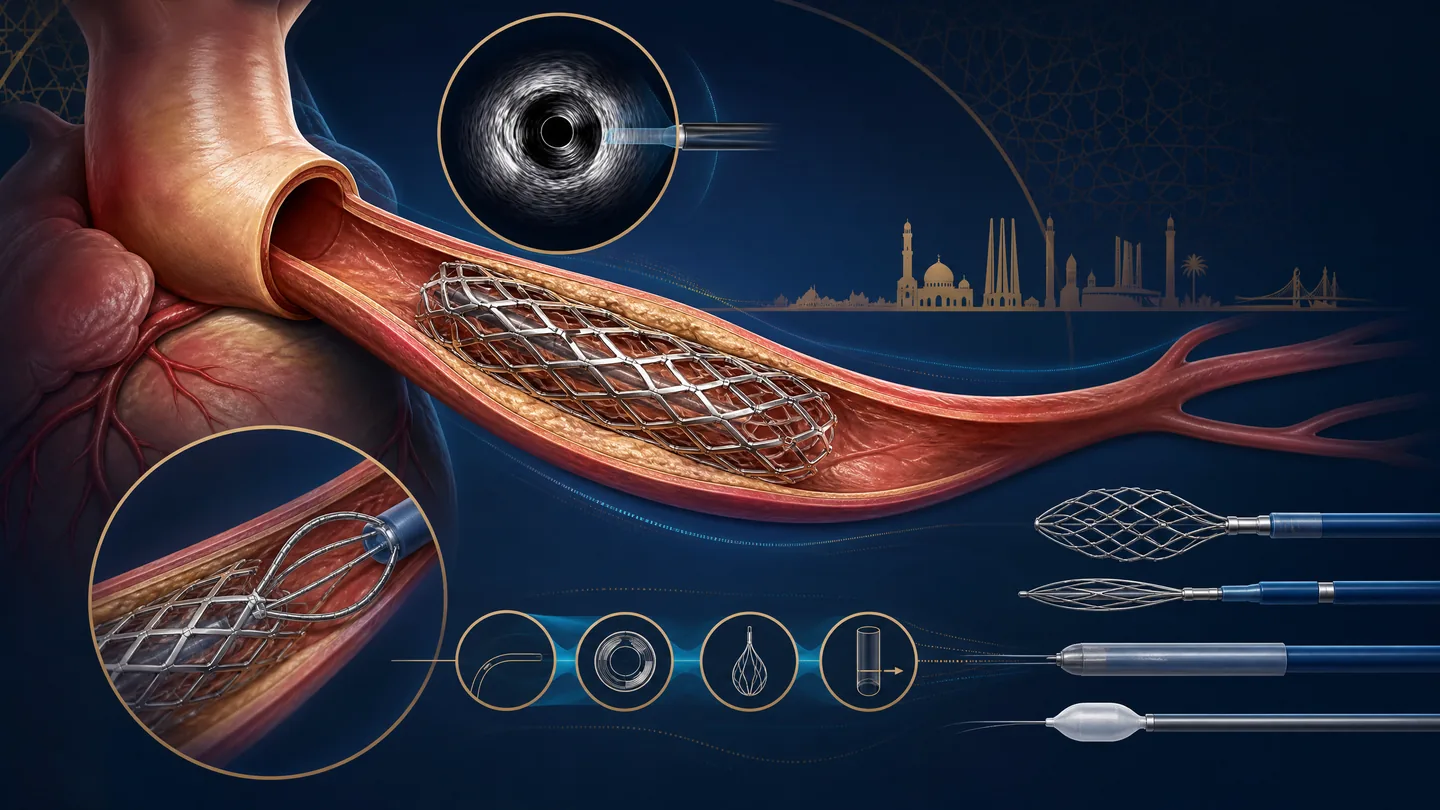 Original conceptual illustration of a coronary artery with a deployed stent and intravascular imaging guidance for editorial discussion of complex stent failure.